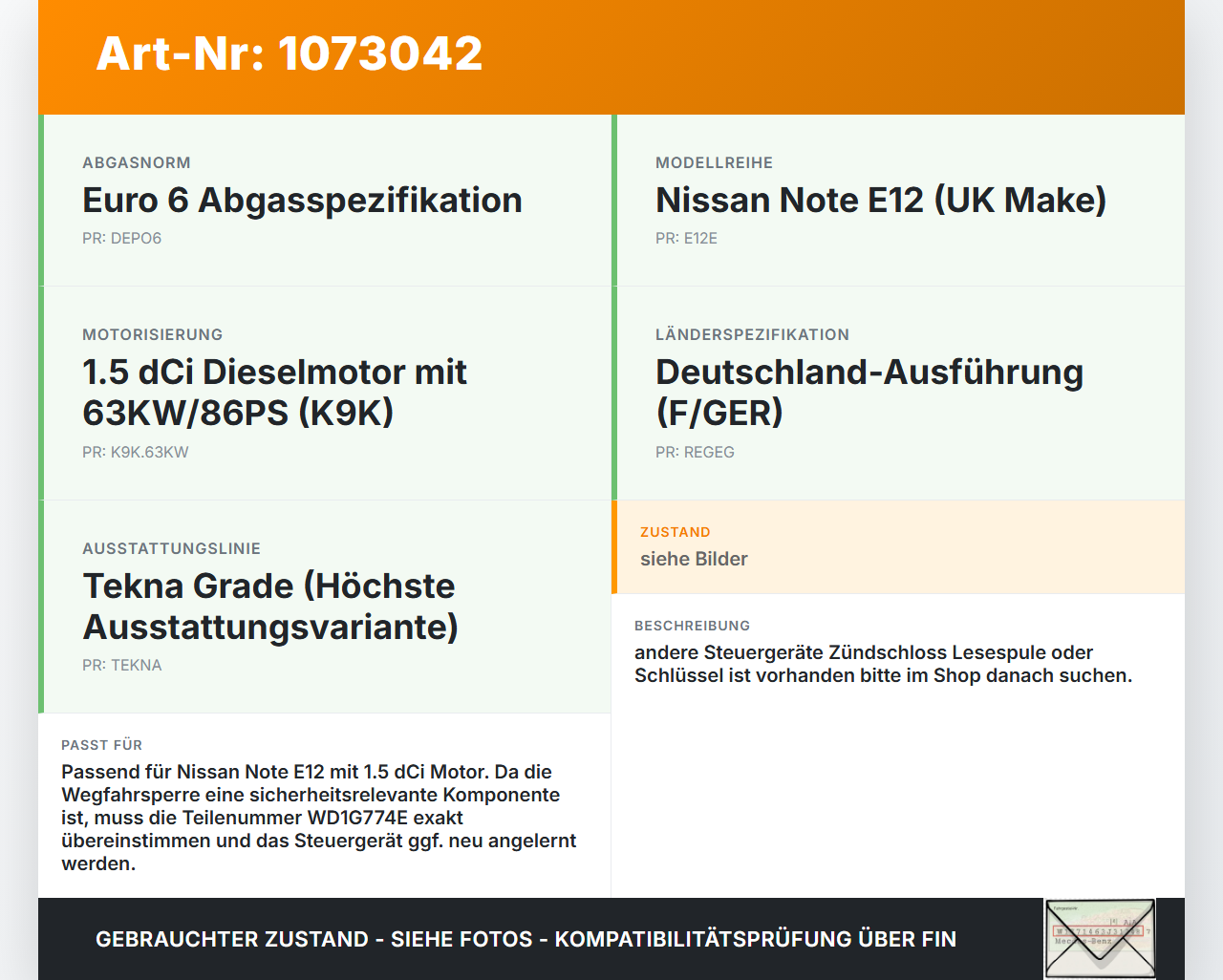 Nissan Note E12 13-17 1,5 66KW Wegfahrsperre ECU Steuergerät Nissan Note E12 13-17 25.02.2016 WD1G774E gebraucht Vorschau 3