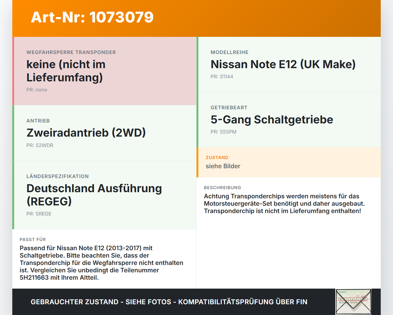 Nissan Note E12 13-17 Lenkradschloss Lenkradriegel Wegfahrsperre Nissan Note E12 13-17 25.02.2016 5H211663 gebraucht Vorschau 3