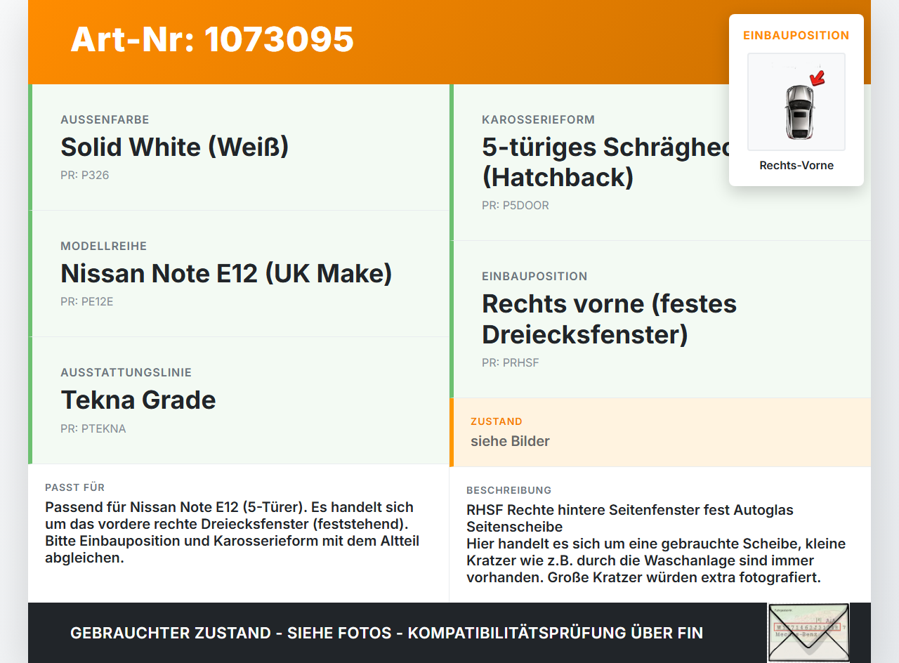 Nissan Note E12 13-17 5T Seitenscheibe Feste Scheibe Dreiecksfenster Rechts Vorne Nissan Note E12 13-17 25.02.2016... Vorschau 3
