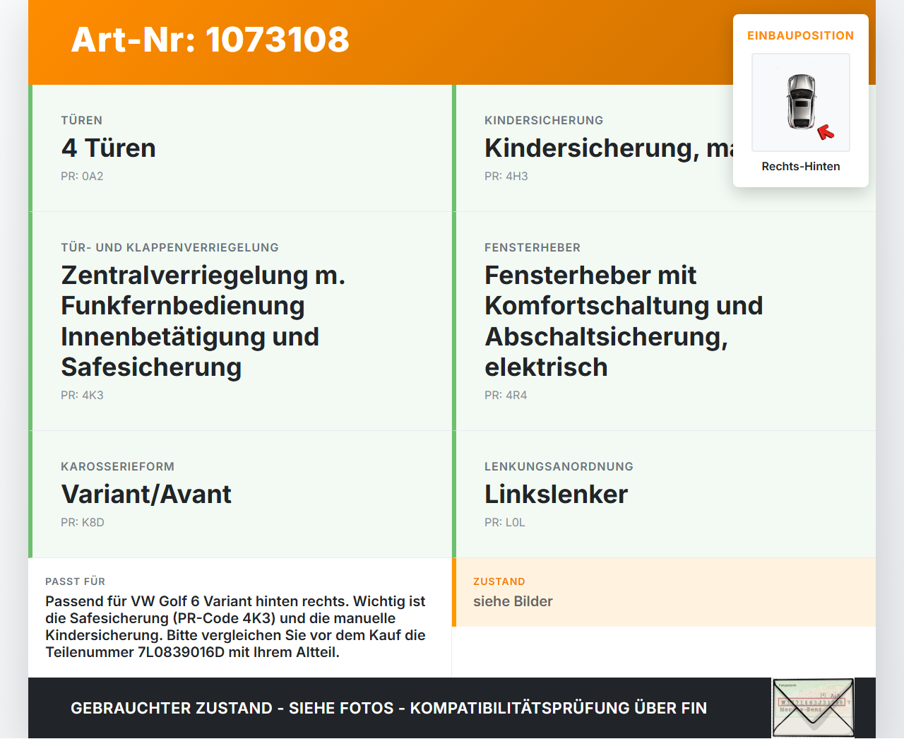 VW Golf 6 VI Variant 08-13 Kombi Türschloss m. ZV Stellmotor Rechts Hinten VW Golf 6 VI Variant 08-13 16.03.2011... Vorschau 3