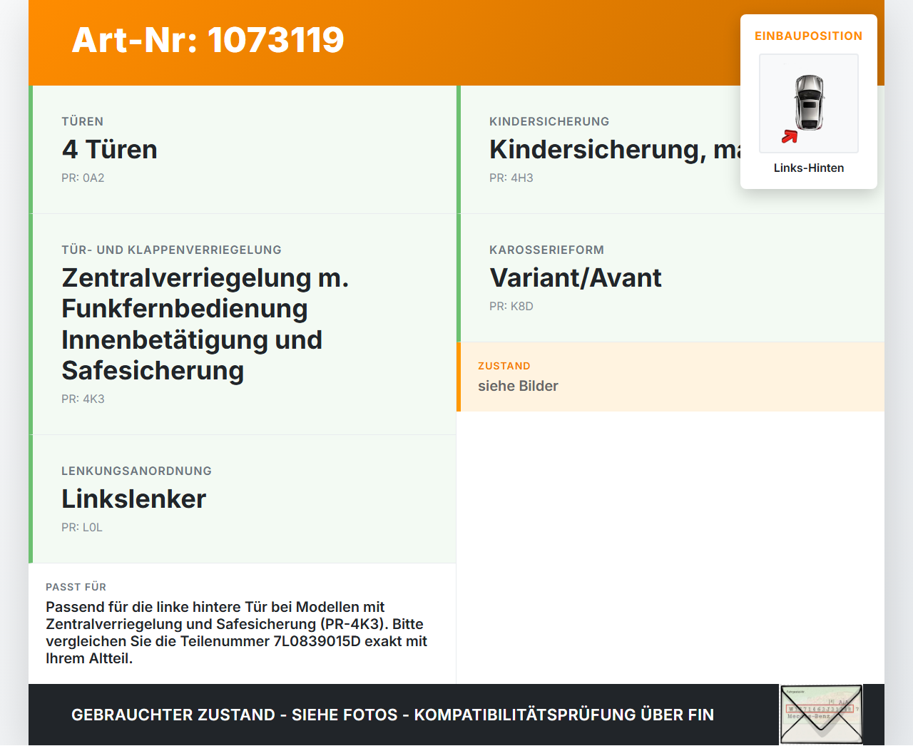 VW Golf 6 VI Variant 08-13 Kombi Türschloss Stellmotor Zentralverriegelung Hinten Links VW Golf 6 VI Variant 08-13... Vorschau 3