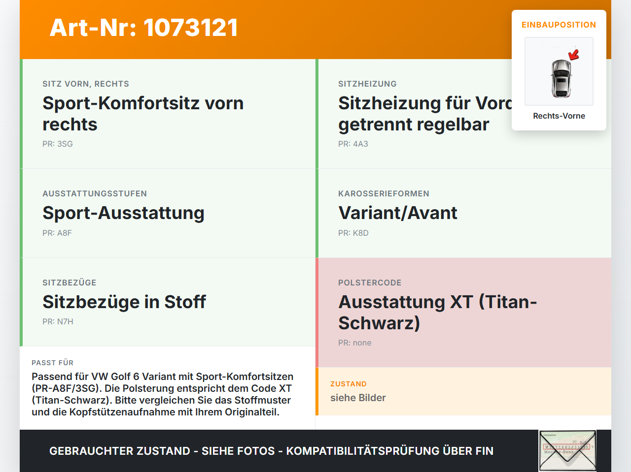 VW Golf 6 VI Variant 08-13 Kombi Kopfstütze für Beifahrer Sitz Rechts Vorne VW Golf 6 VI Variant 08-13 16.03.2011... Vorschau 3