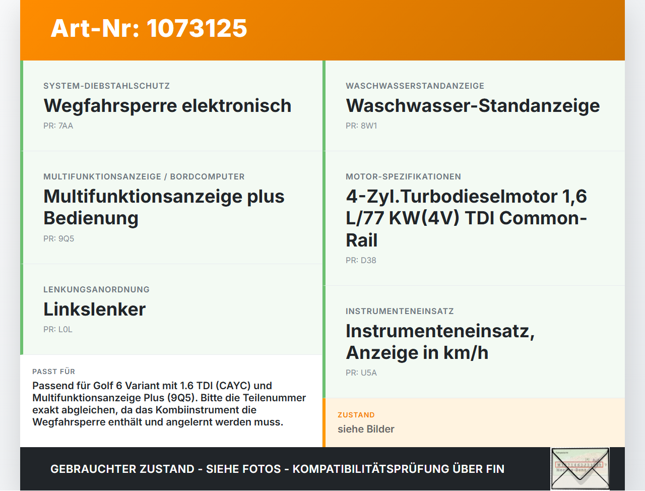VW Golf 6 VI Variant 08-13 TDI 1,6 77KW Kombiinstrument Tacho VW Golf 6 VI Variant 08-13 16.03.2011 gebraucht Vorschau 3