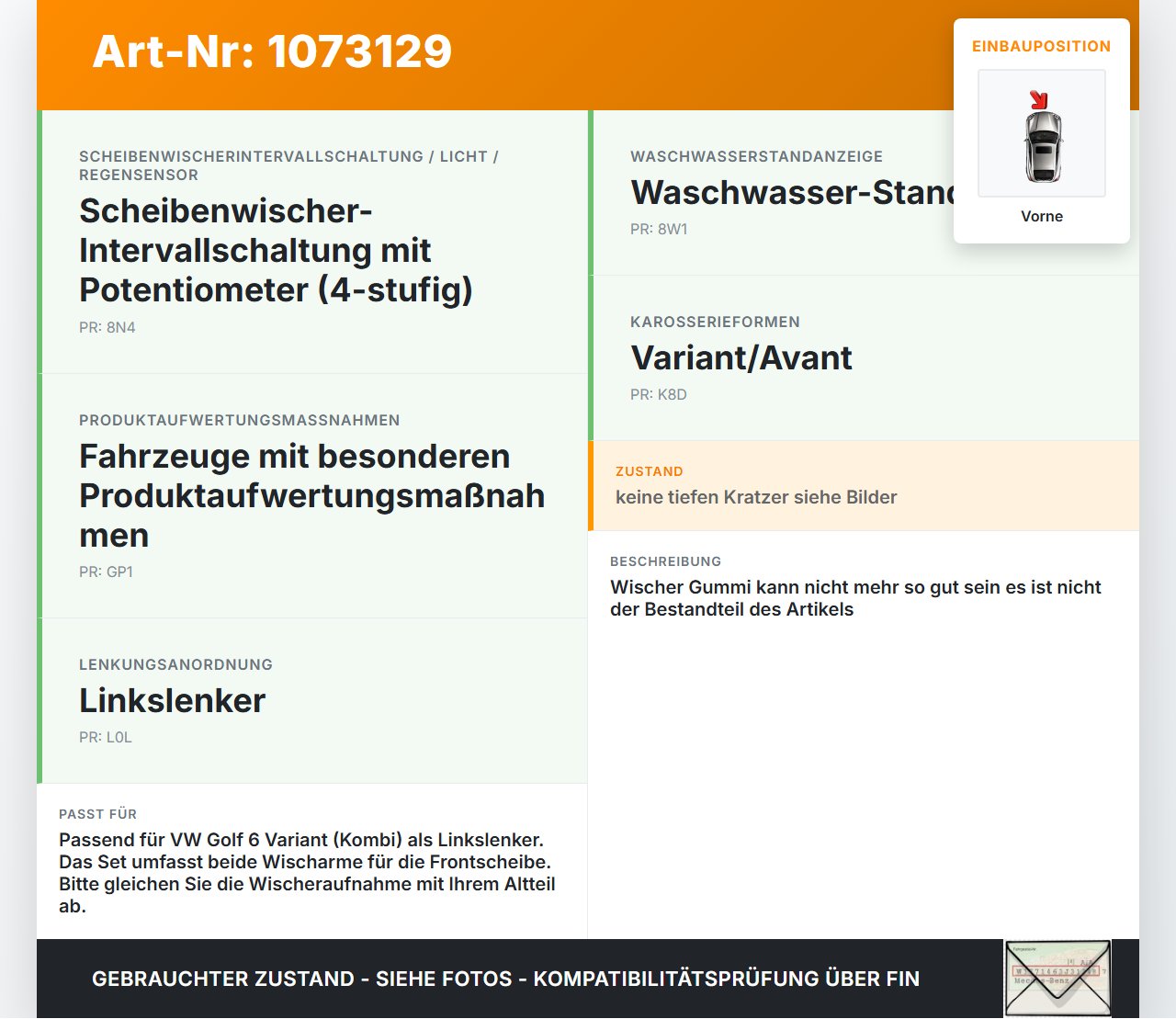 VW Golf 6 VI Variant 08-13 2x Scheibenwischer Wischarm Vorne VW Golf 6 VI Variant 08-13 16.03.2011 gebraucht Vorschau 3