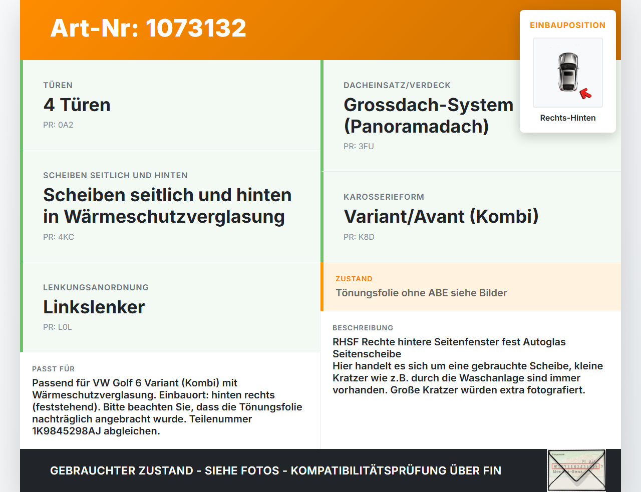 VW Golf 6 VI Variant 08-13 Kombi Seitenscheibe Feste Scheibe Rechts Hinten VW Golf 6 VI Variant 08-13 16.03.2011... Vorschau 3