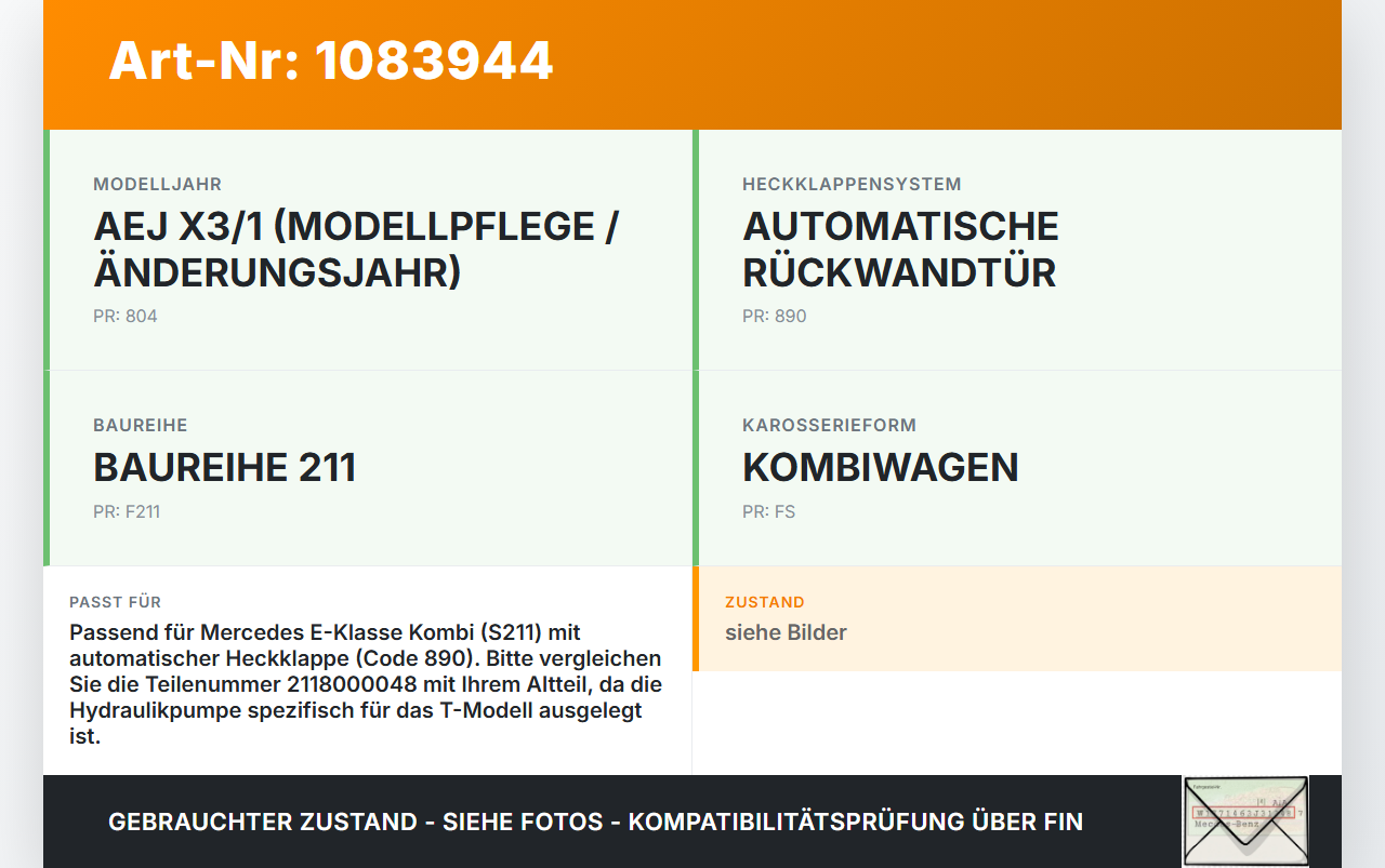 Mercedes S211 E500 02-06 Kombi Hydraulikpumpe für Elektr. Heckklappe Mercedes S211 E500 02-06 01.07.2004 2118000048... Vorschau 3