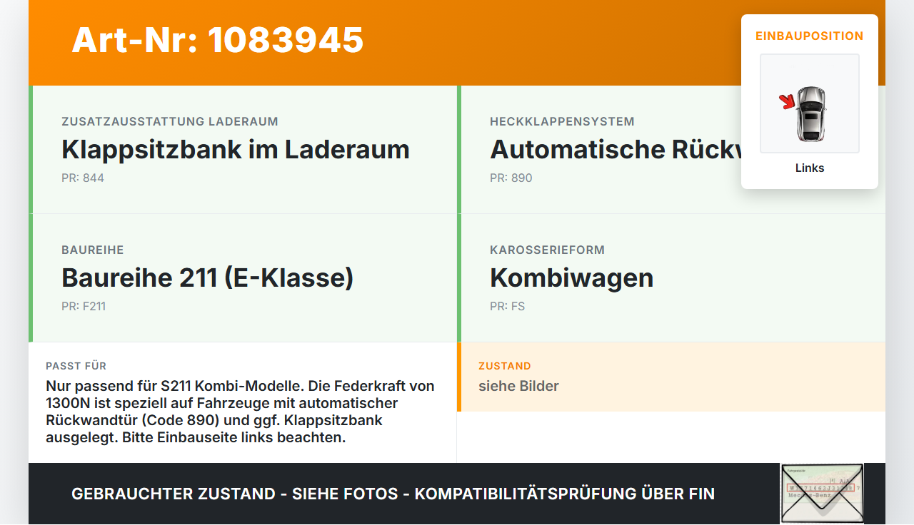 Mercedes S211 E500 02-06 Kombi 1x Dämpfer für Heckklappe Gasdruckfeder 1300N Links Mercedes S211 E500 02-06... Vorschau 3