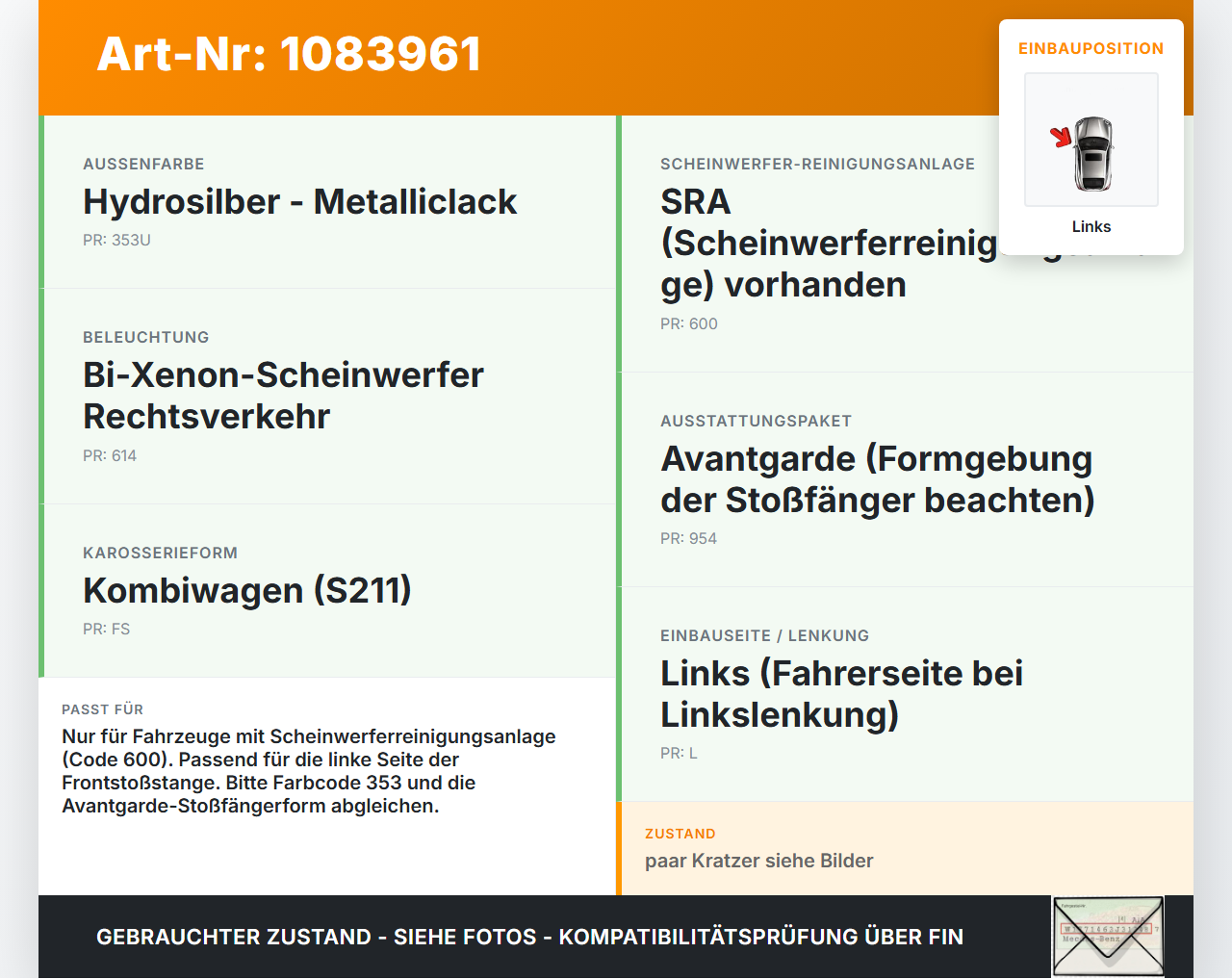 Mercedes S211 E500 02-06 Frontblende Abdeckung f. Scheinwerfer Waschdüse Links Mercedes S211 E500 02-06 01.07.2004... Vorschau 3