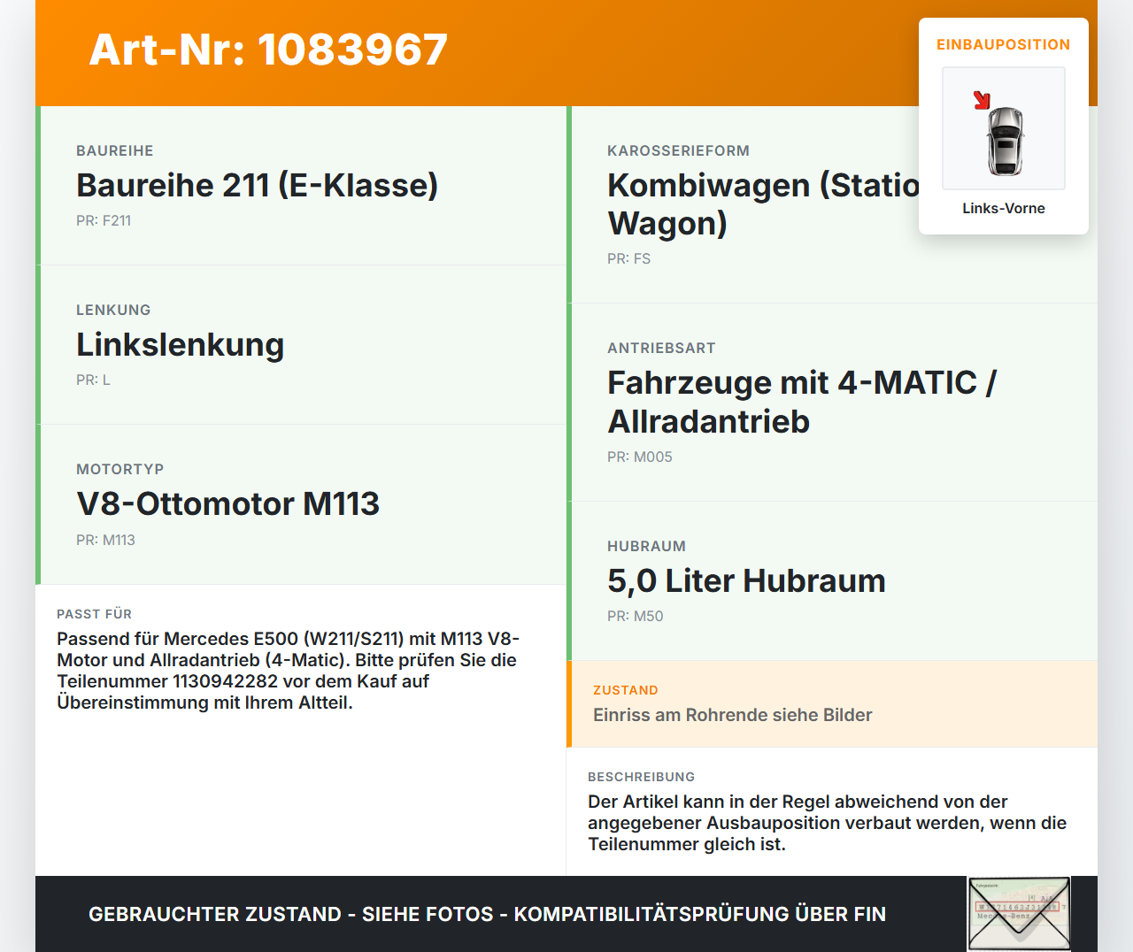 Mercedes S211 E500 02-06 5,0 225KW Ansaugrohr Ladeluftschlauch Luftschlauch Links Vorne Mercedes S211 E500 02-06... Vorschau 3
