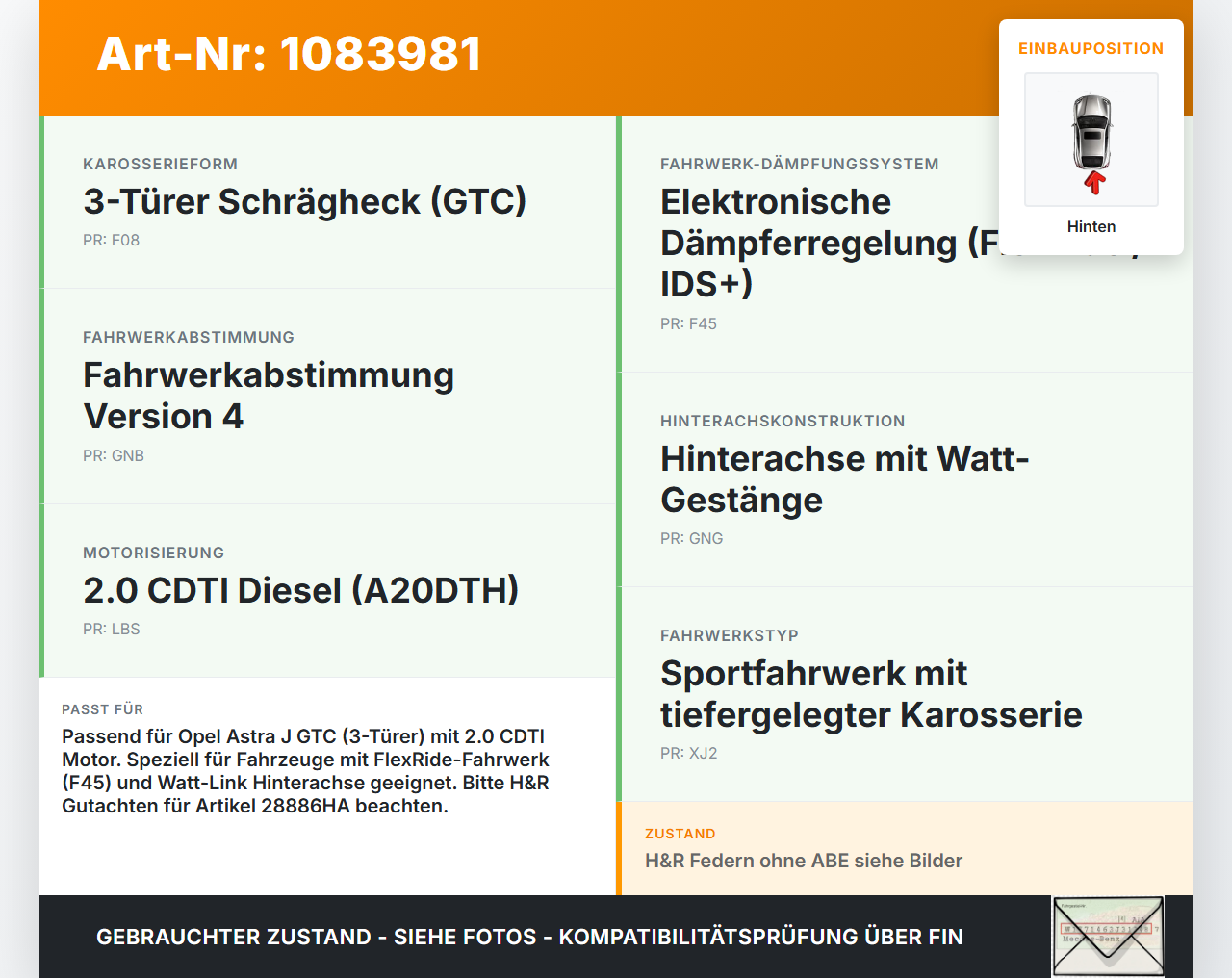 Opel Astra J GTC 11-18 3 Türer Beide Feder Federn Hinten H&R Opel Astra J GTC 11-18 16.11.2011 28886HA gebraucht Vorschau 3