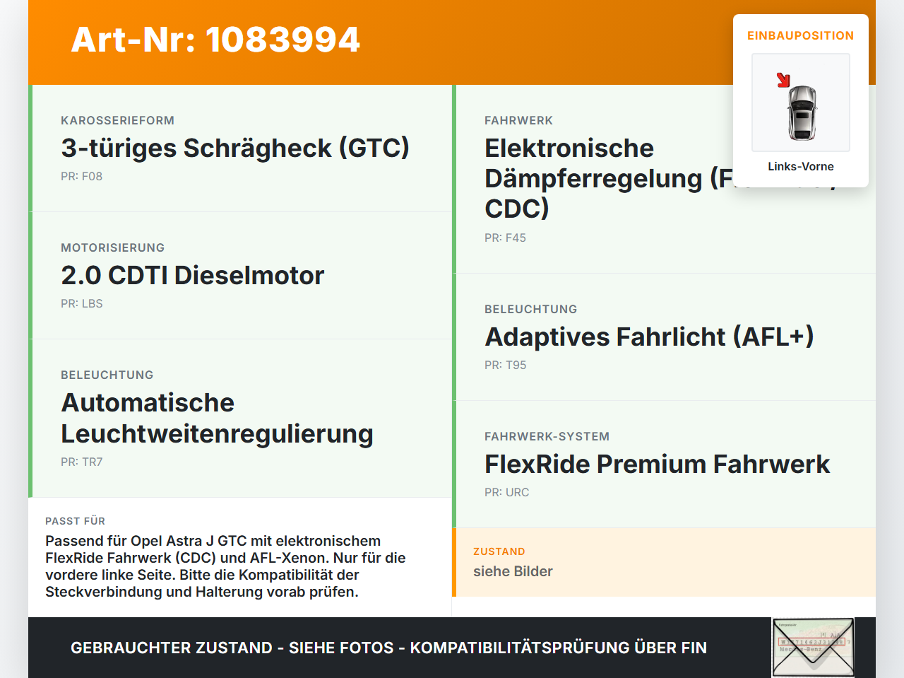 Opel Astra J GTC 11-18 CDTi 2,0 121KW Sensor Höhensensor für CDC Fahrwerk Links Vorne Opel Astra J GTC 11-18... Vorschau 3