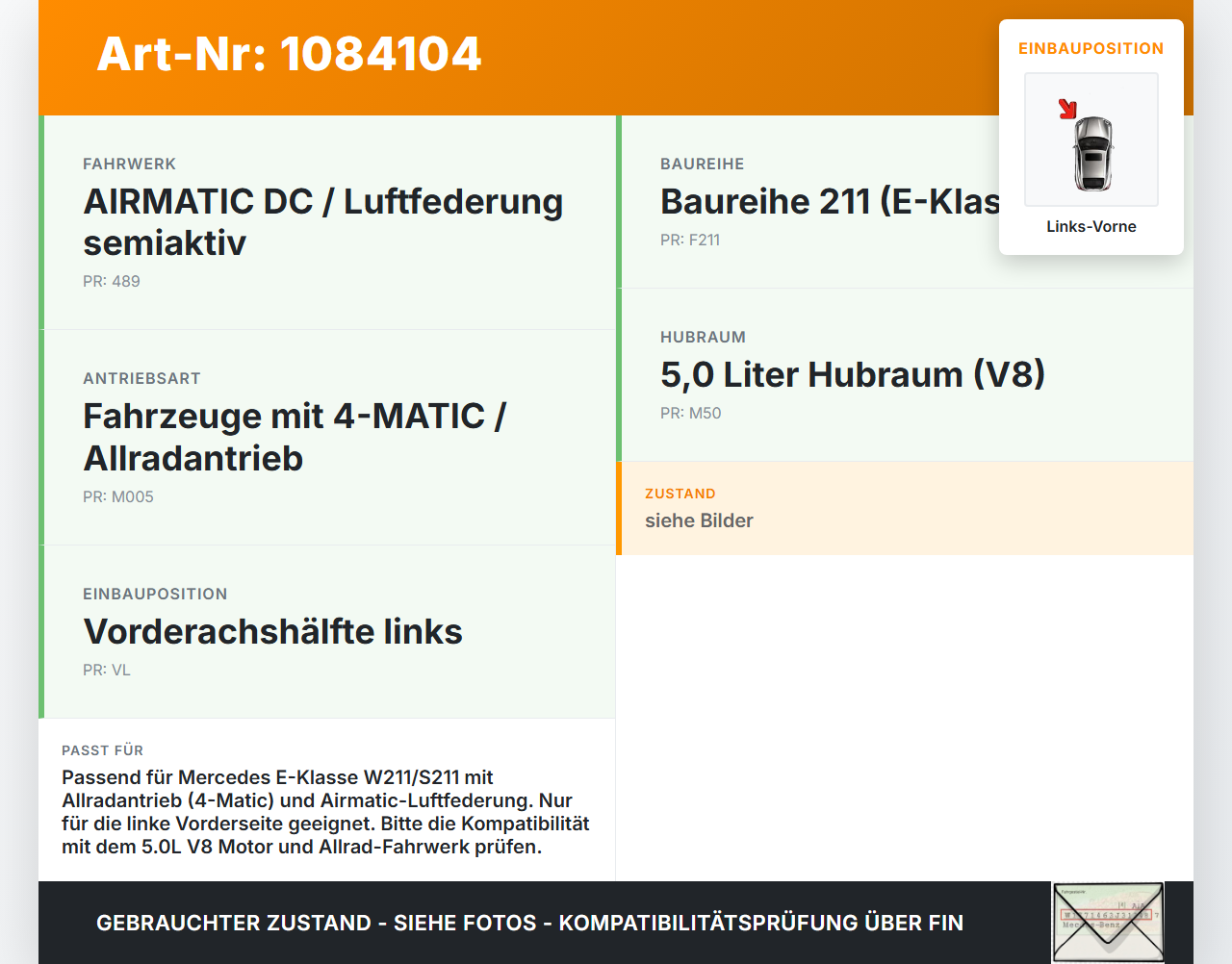 Mercedes S211 E500 02-06 5,0 225KW Achsschenkel Radnabe mit ABS Links Vorne Mercedes S211 E500 02-06 01.07.2004... Vorschau 3
