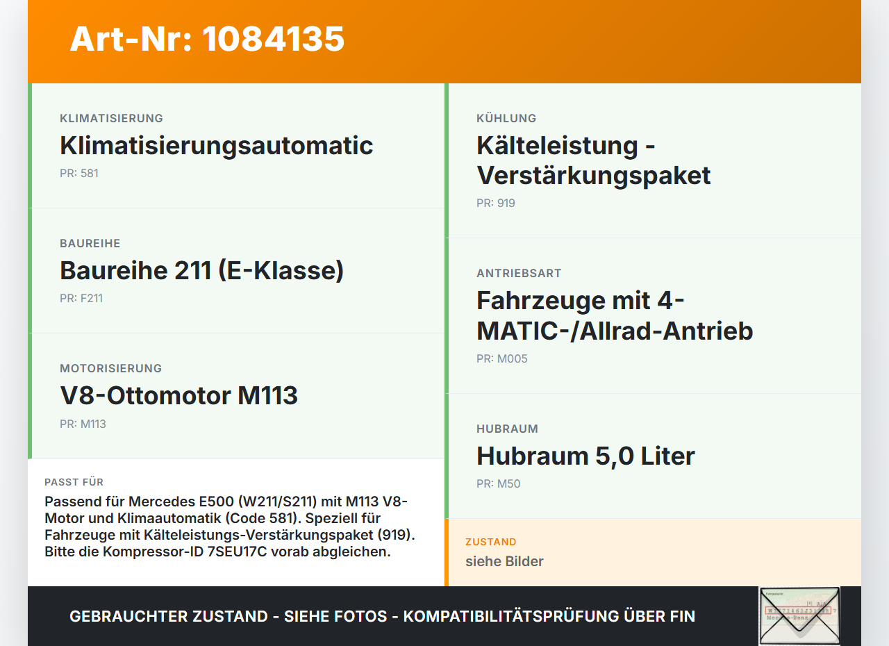Mercedes S211 E500 02-06 5,0 225KW Klimakompressor Kompressor- Kondensatpumpe Mercedes S211 E500 02-06 01.07.2004... Vorschau 3