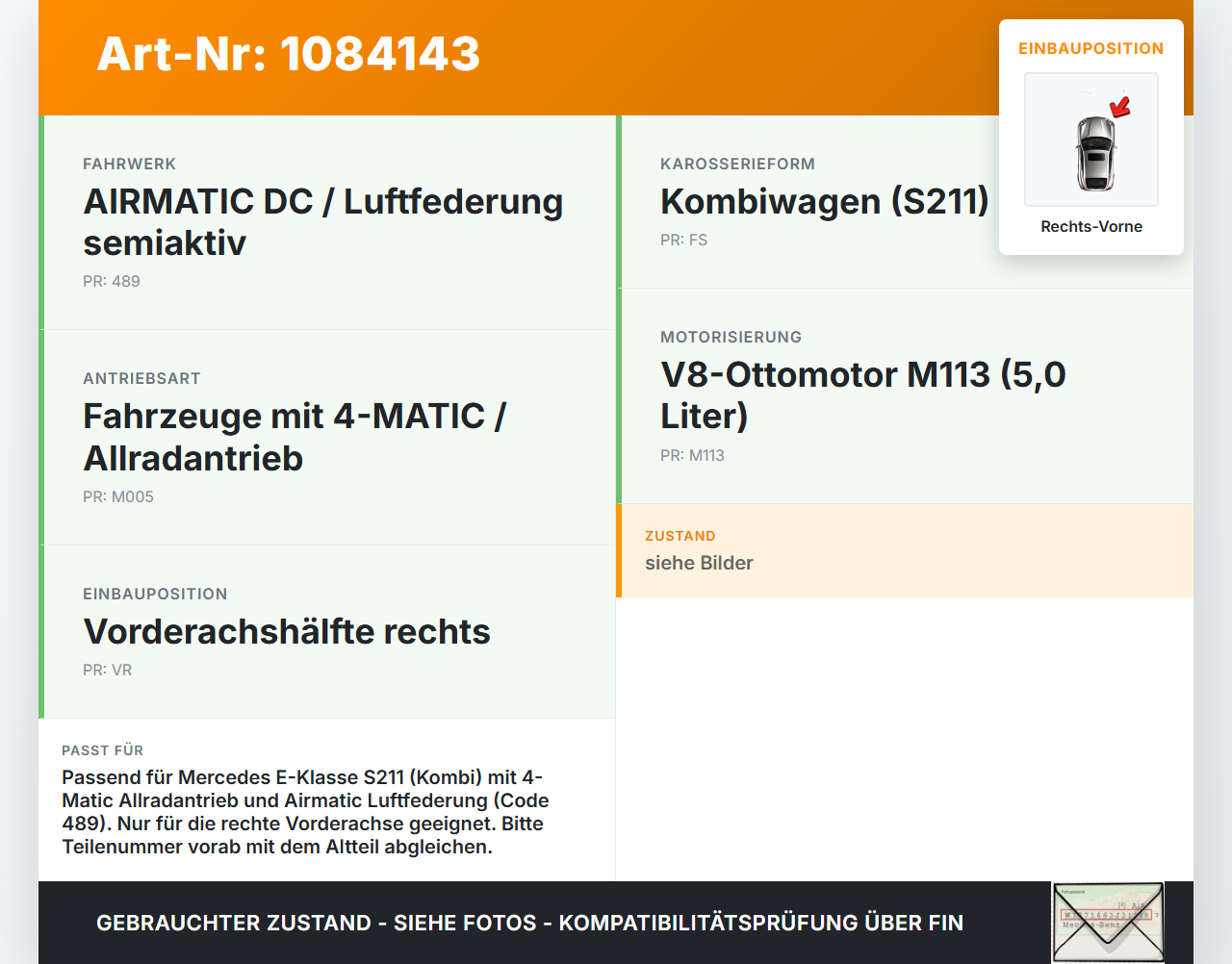 Mercedes S211 E500 02-06 Kombi Stossdämpfer Federbein Luftfahrwerk Luftfederung Vorne Rechts Mercedes S211 E500... Vorschau 3