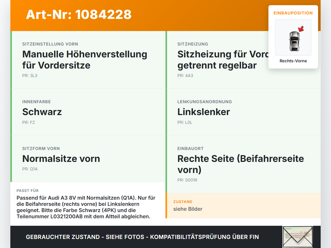 Audi A3 8V 12-16 Sitzverkleidung Sitzblende Abdeckung Rechts Vorne Audi A3 8V 12-16 17.06.2016 L0321200AB4PK gebraucht Vorschau 3