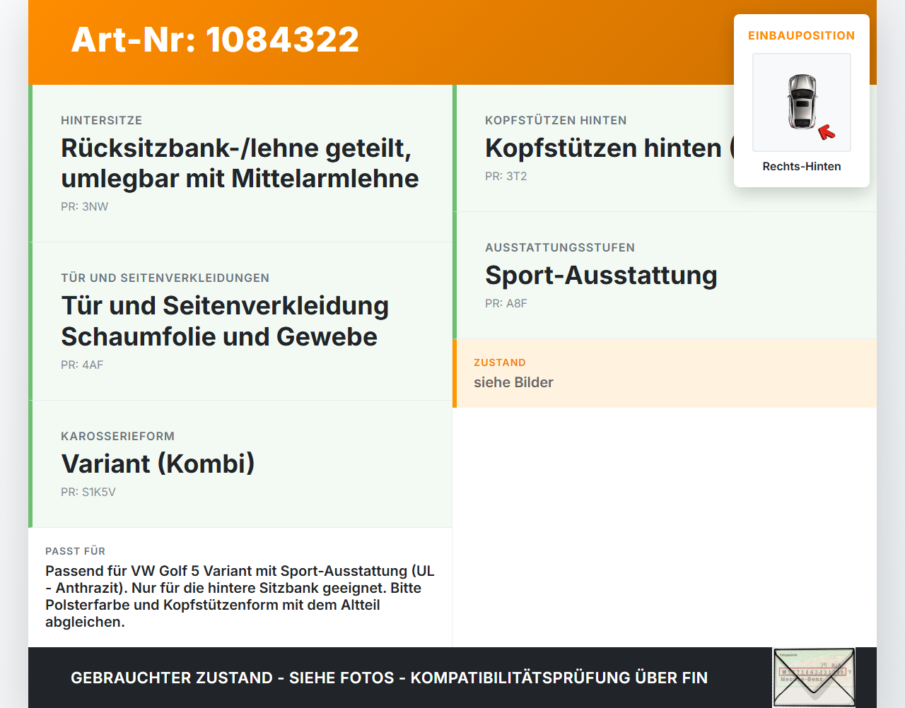 VW Golf 5 V Variant 1K5 03-09 Kopfstütze Stoff Nackenstütze Rechts Hinten VW Golf 5 V Variant 1K5 03-09 13.12.2007... Vorschau 3