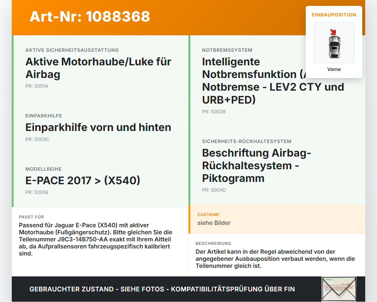 Jaguar E-Pace X540 Sensor für Airbag Crashsensor Airbagsensor Vorne Jaguar E-Pace X540 19.08.2019 J9C5437... Vorschau 3