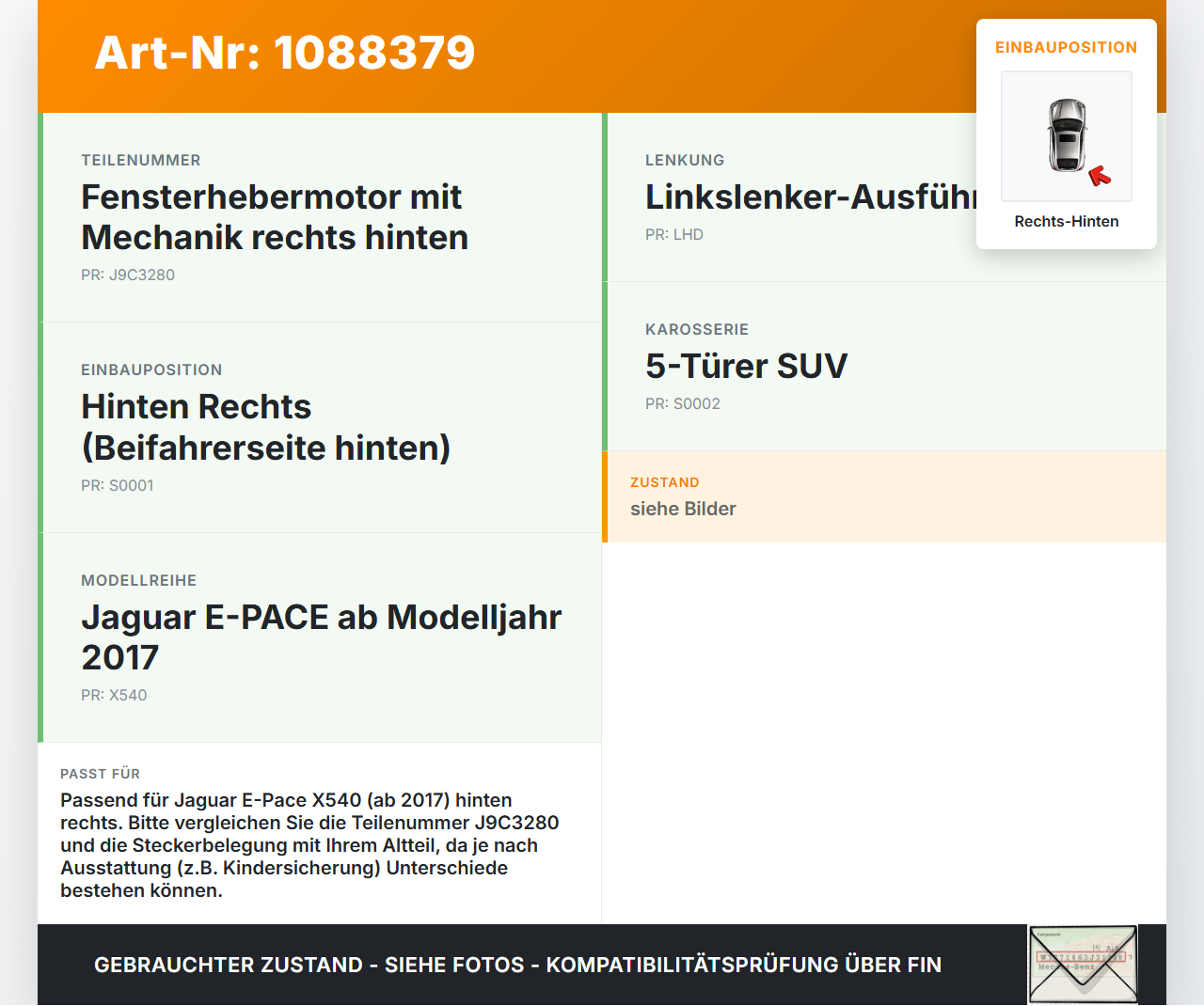 Jaguar E-Pace X540 Fensterhebermotor mit Fensterheber Rechts Hinten Jaguar E-Pace X540 19.08.2019 J9C3280 gebraucht Vorschau 3