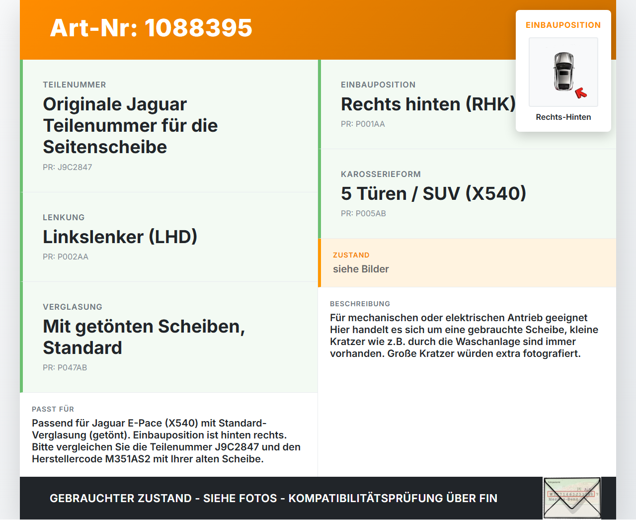 Jaguar E-Pace X540 Seitenscheibe RHK Türscheibe Rechts Hinten Jaguar E-Pace X540 19.08.2019 J9C2847 M351AS2 gebraucht Vorschau 3