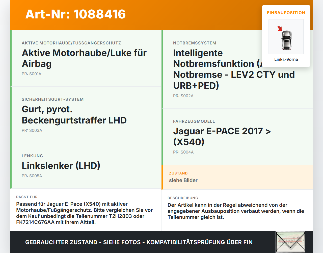 Jaguar E-Pace X540 Sensor Airbag Crashsensor Airbagsensor Links Vorne Jaguar E-Pace X540 19.08.2019 T2H2803... Vorschau 3