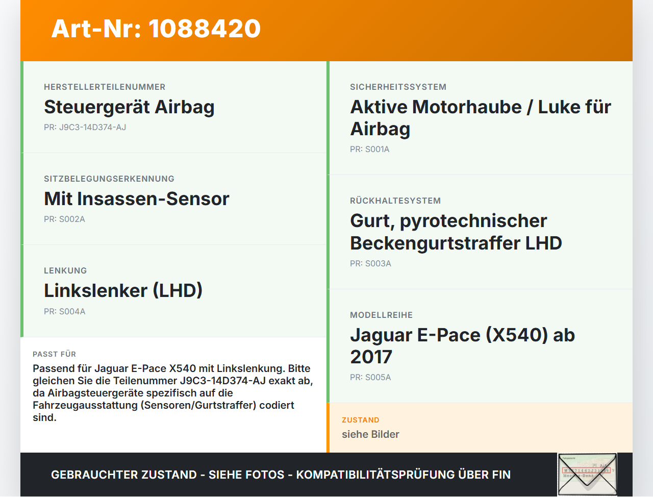 Jaguar E-Pace X540 Airbag Steuergerät Airbagsteuergerät Jaguar E-Pace X540 19.08.2019 J9C2386 J9C3-14D374-AJ gebraucht Vorschau 3