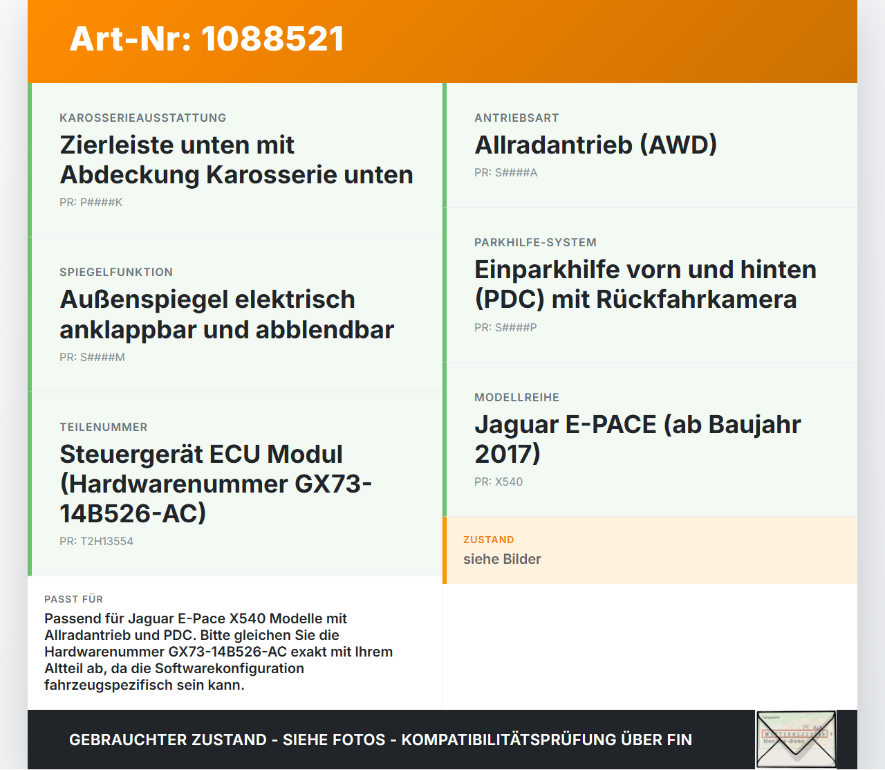 Jaguar E-Pace X540 Steuergerät ECU Modul Jaguar E-Pace X540 19.08.2019 T2H13554 GX73-14B526-AC 7271-6058-30 gebraucht Vorschau 3