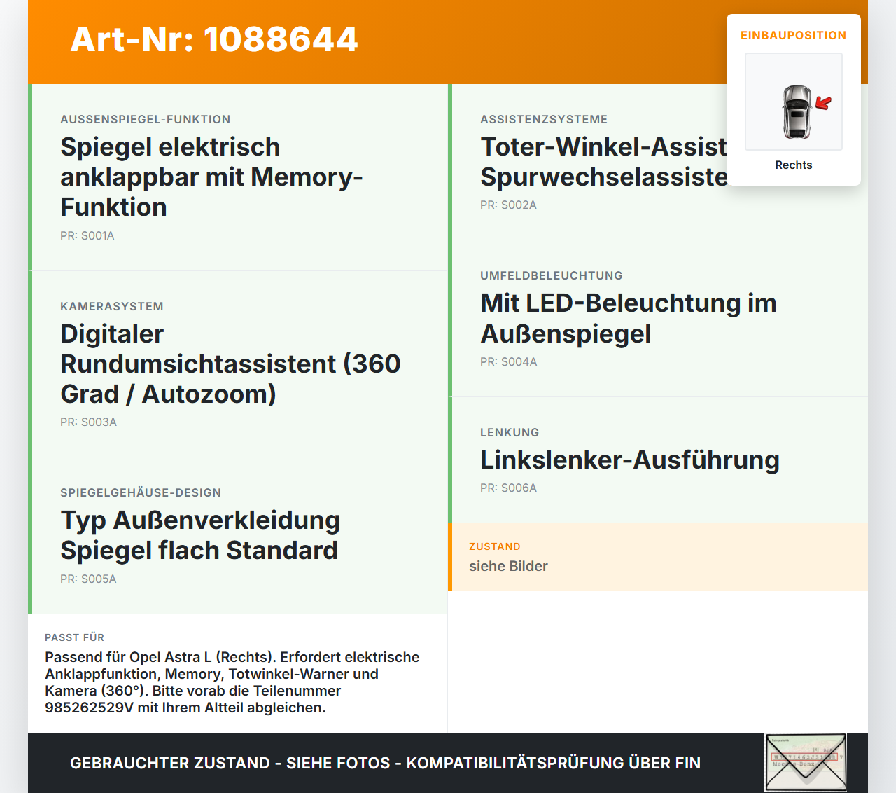 Opel Astra L 21-26 Aussenspiegel Seitenspiegel Spiegel Rechts Opel Astra L 21-26 27.04.2023 985262529V gebraucht Vorschau 3