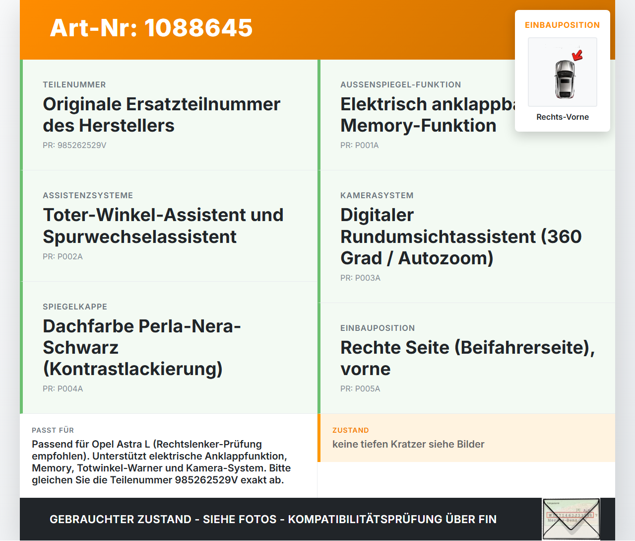 Opel Astra L 21-26 Spiegel Aussenspiegel Seitenspiegel Rechts Vorne Opel Astra L 21-26 27.04.2023 985262529V... Vorschau 3