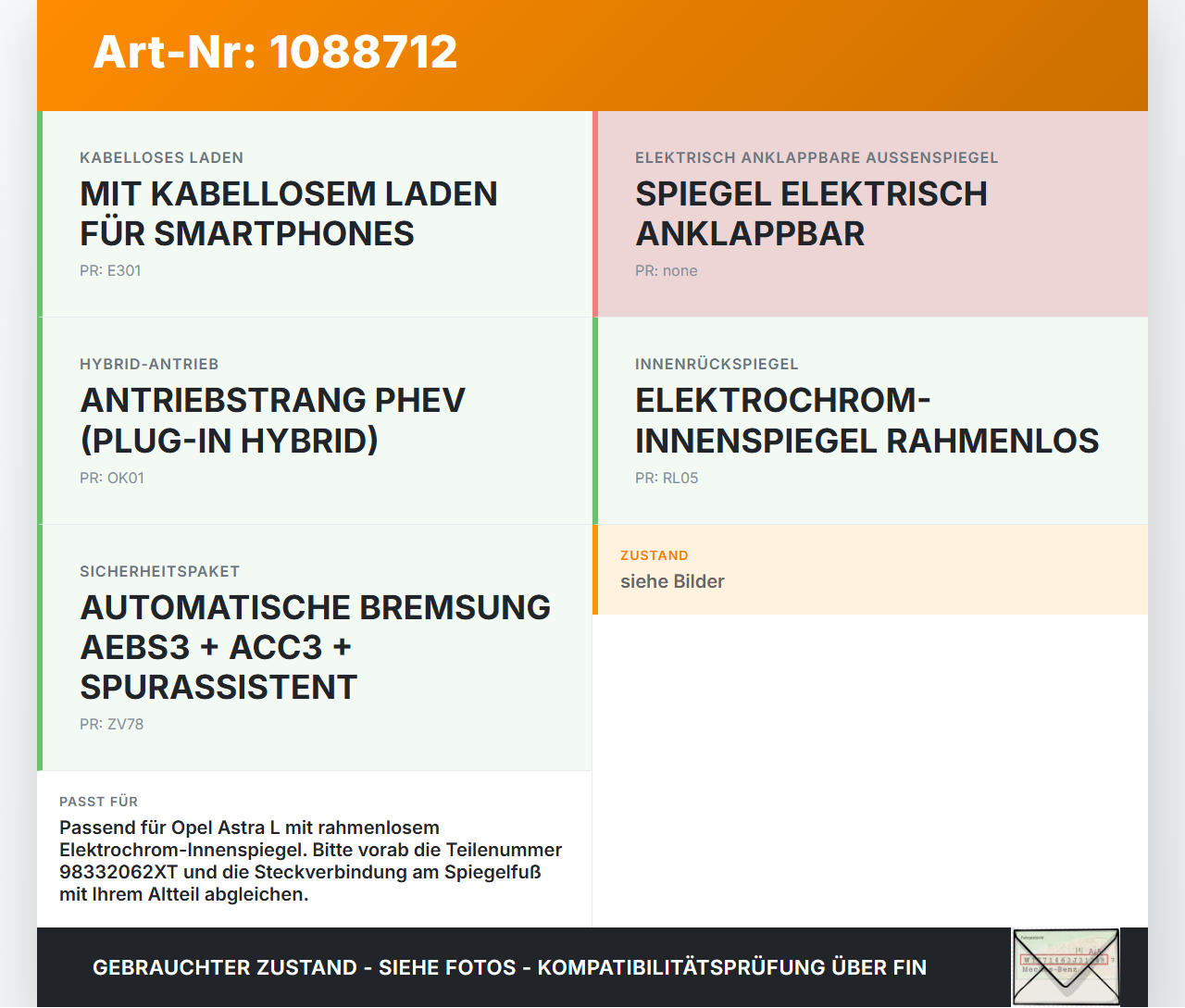 Opel Astra L 21-26 Innenspiegel Rückspiegel Spiegel Innen Opel Astra L 21-26 27.04.2023 98332062XT GNTX-1212... Vorschau 3
