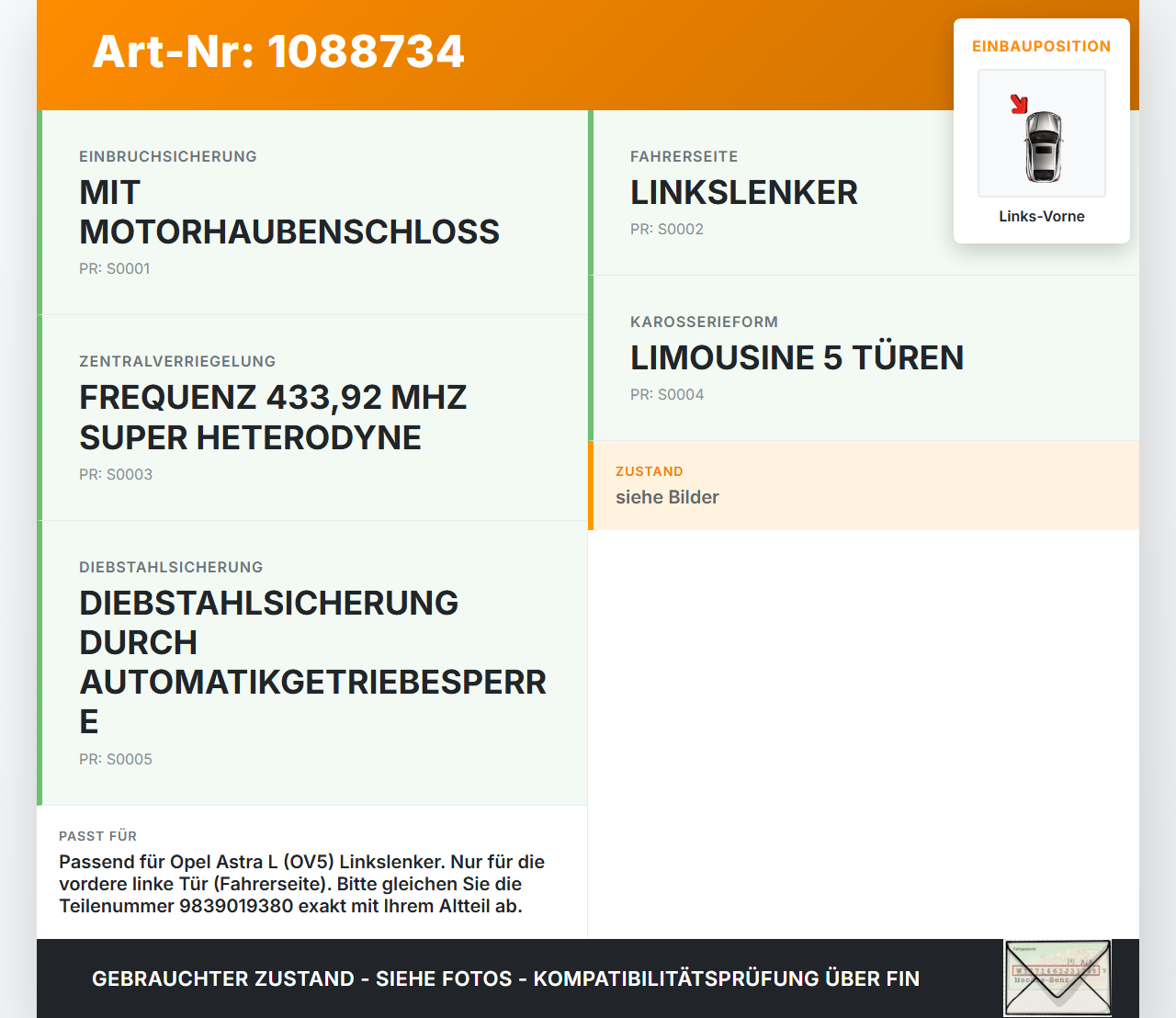 Opel Astra L 21-26 5T Schließzylinder Türschloss für Tür Links Vorne Opel Astra L 21-26 27.04.2023 9839019380 gebraucht Vorschau 3