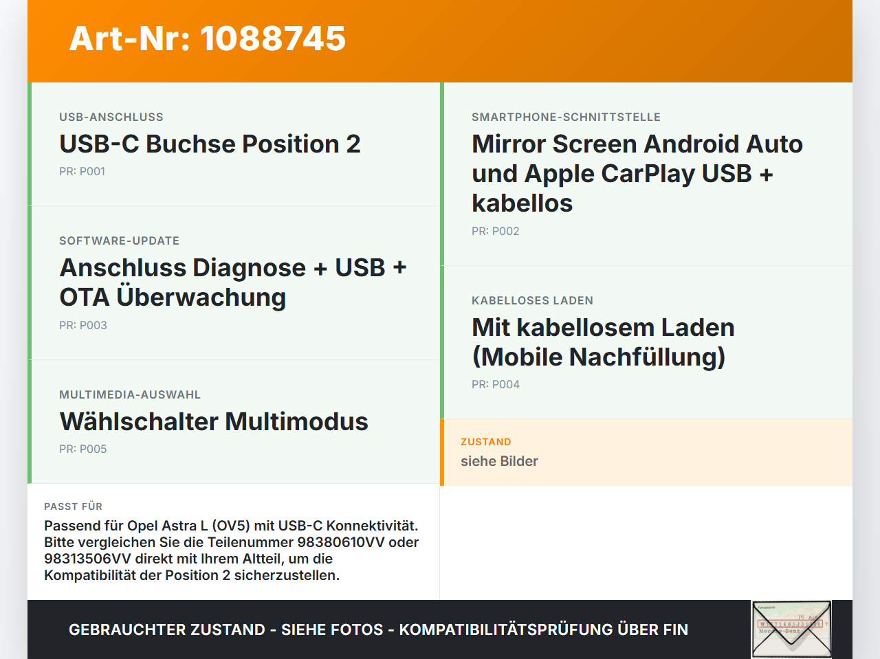 Opel Astra L 21-26 USB-C Buchse Anschluss Pos.2 Opel Astra L 21-26 27.04.2023 98380610VV 98313506VV gebraucht Vorschau 3
