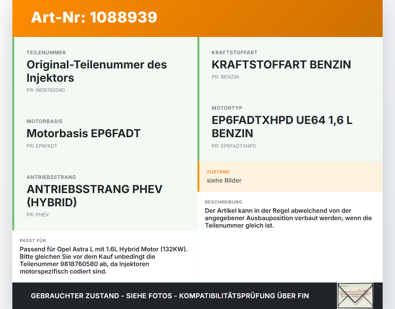Opel Astra L 21-26 Hybrid 1,6 132KW Injektor Einspritzdüse Zyl.1 Opel Astra L 21-26 27.04.2023 9818760580... Vorschau 3