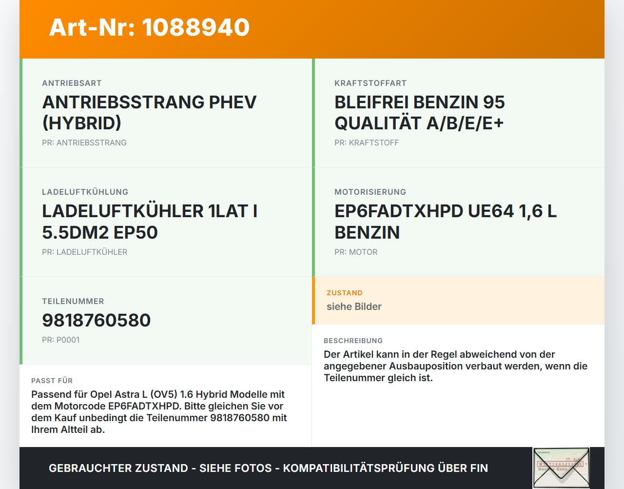 Opel Astra L 21-26 Hybrid 1,6 132KW Injektor Einspritzdüse Zyl.1 Opel Astra L 21-26 27.04.2023 9818760580 gebraucht Vorschau 3