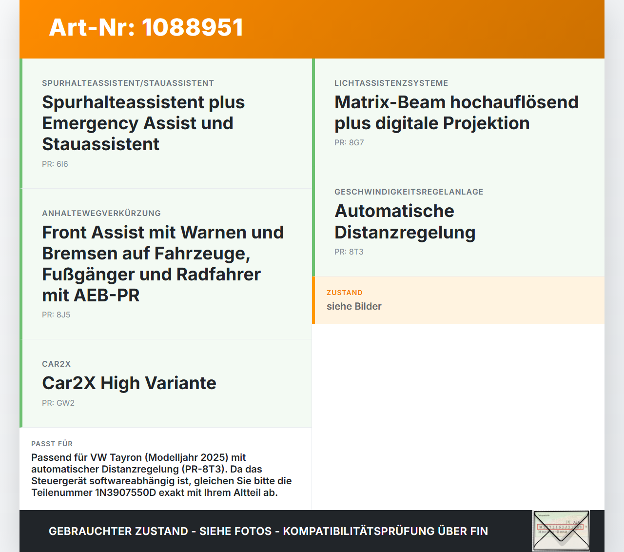 VW Tayron R41 Abstandssensor Radar Distronic VW Tayron R41 20.08.2025 1N3907550D gebraucht Vorschau 3