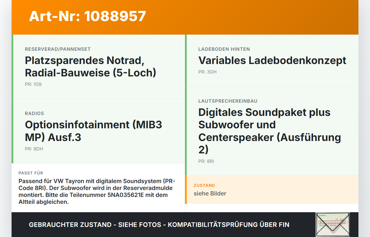 VW Tayron R41 Lautsprecher Subwoofer Sonavox VW Tayron R41 20.08.2025 5NA035621E IM-XSW6547 gebraucht Vorschau 3