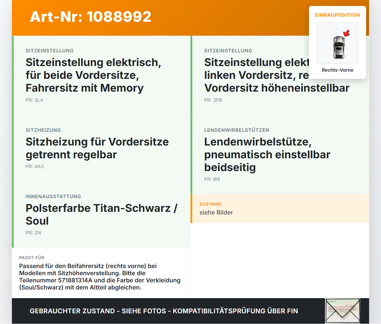 VW Tayron R41 Abdeckung Blende für Sitz Beifahrersitz Rechts Vorne VW Tayron R41 20.08.2025 571881314A gebraucht Vorschau 3
