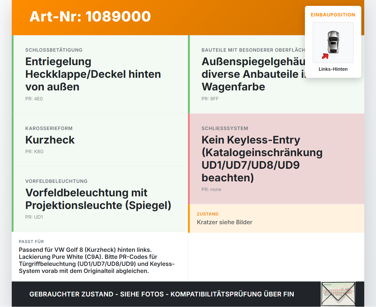 VW Golf 8 VIII 19-24 5T Türgriff Griff aussen Links Hinten LC9A VW Golf 8 VIII 19-24 14.08.2023 5H0837205F gebraucht Vorschau 3