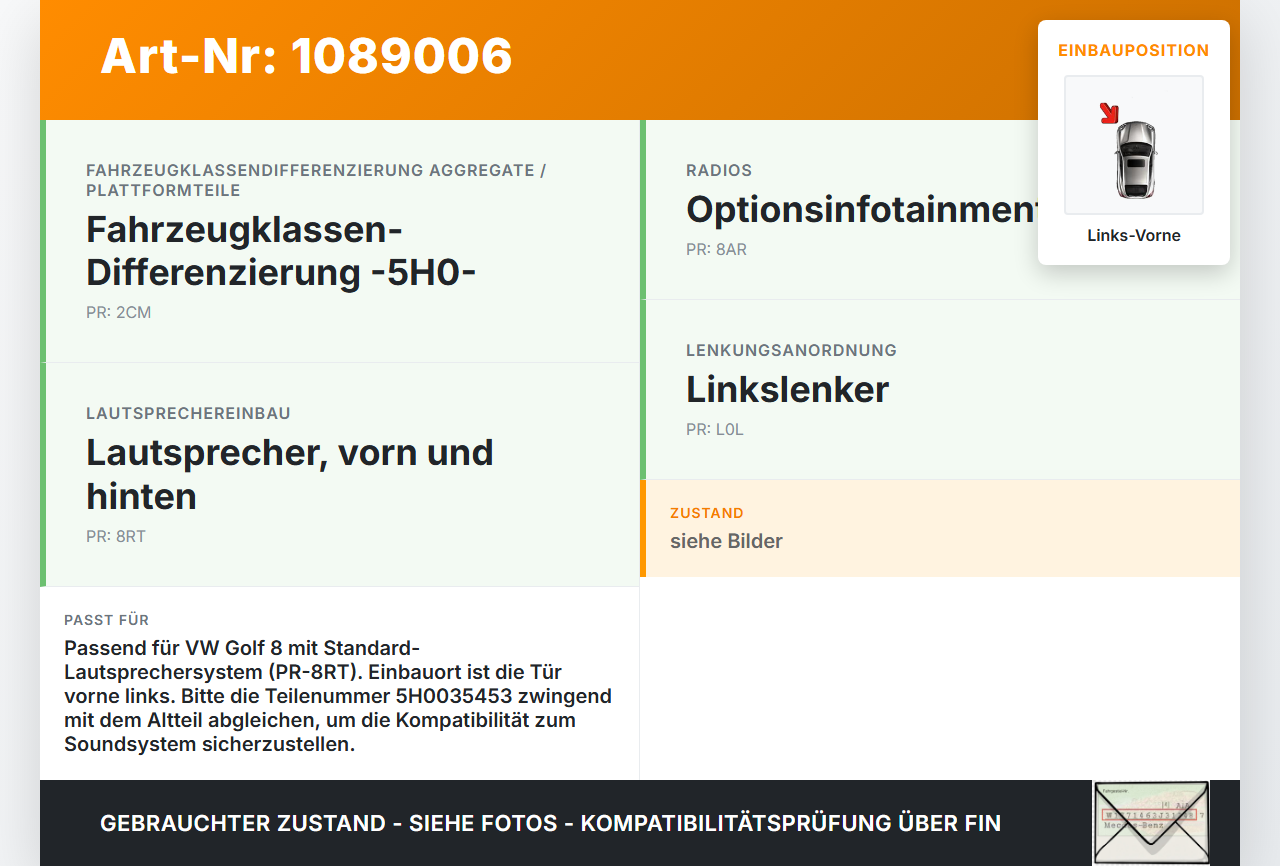 VW Golf 8 VIII 19-24 Lautsprecher Links Vorne VW Golf 8 VIII 19-24 14.08.2023 5H0035453 5H003545306S gebraucht Vorschau 3