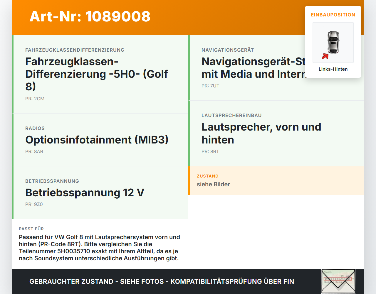 VW Golf 8 VIII 19-24 Lautsprecher Links Hinten VW Golf 8 VIII 19-24 14.08.2023 5H0035710 10325401 gebraucht Vorschau 3