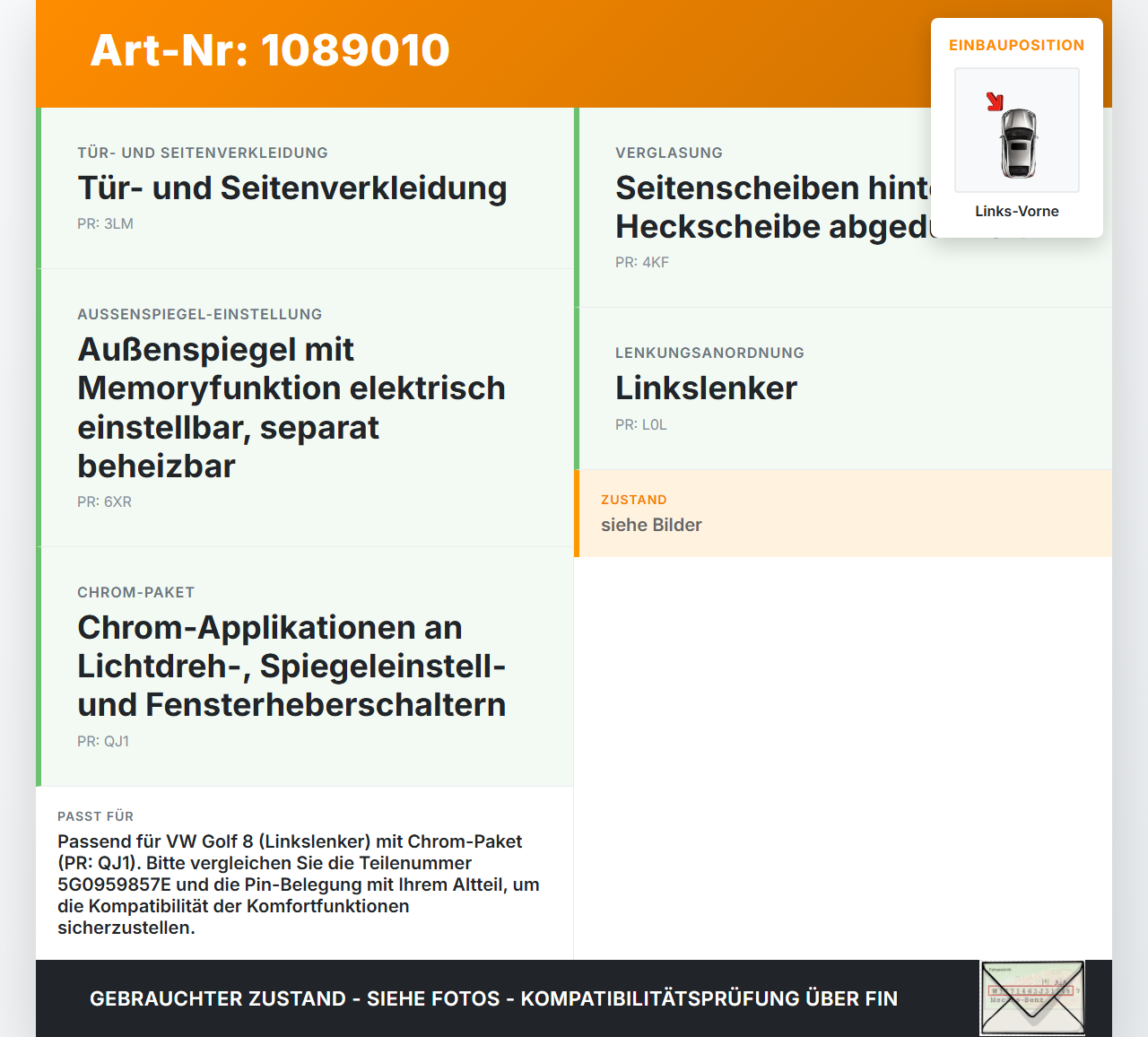 VW Golf 8 VIII 19-24 5T Fensterheberschalter Schalter Links Vorne VW Golf 8 VIII 19-24 14.08.2023 5G0959857E... Vorschau 3