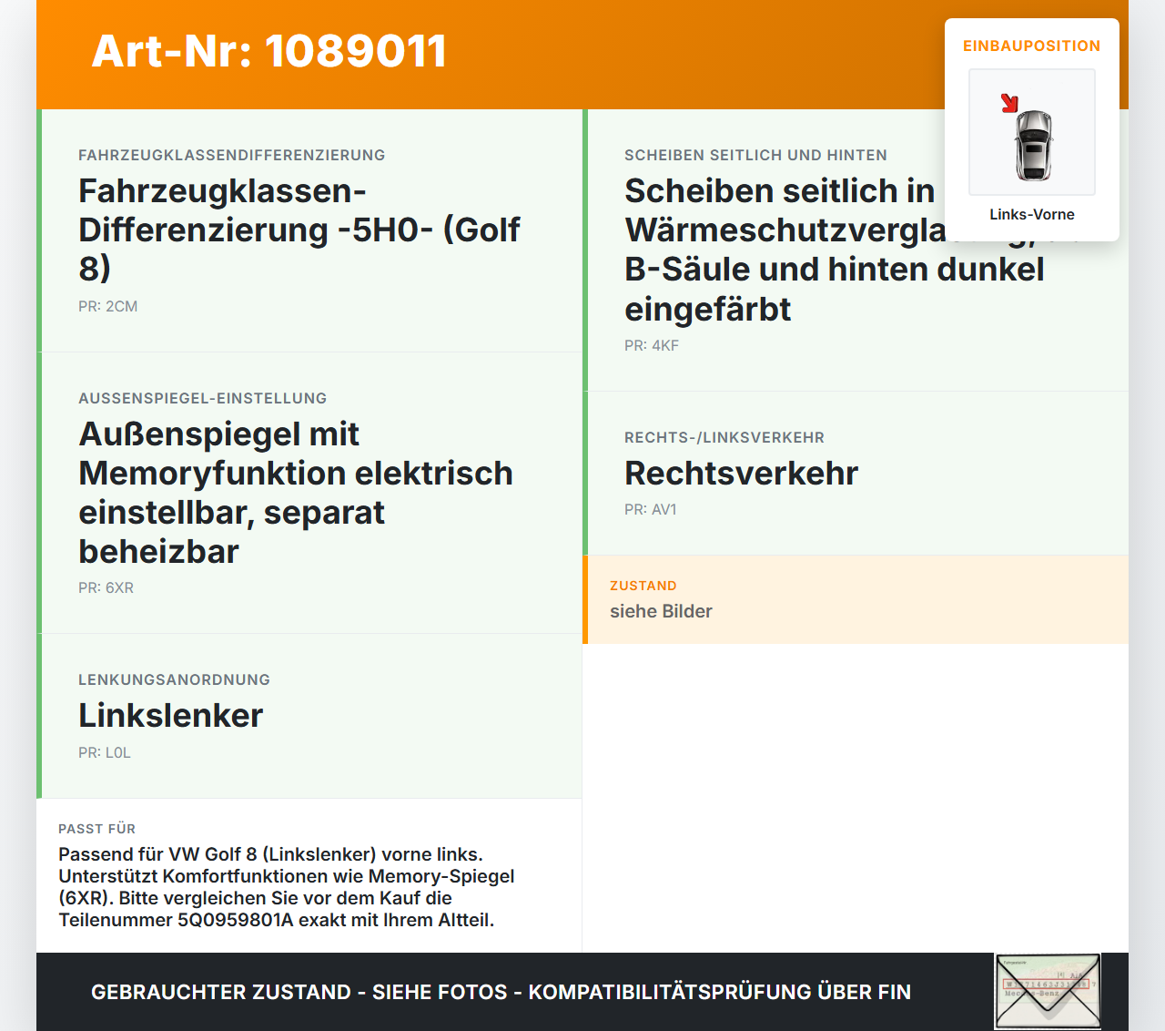 VW Golf 8 VIII 19-24 5T Fensterhebermotor Links Vorne VW Golf 8 VIII 19-24 14.08.2023 5Q0959801A 0130822715 gebraucht Vorschau 3