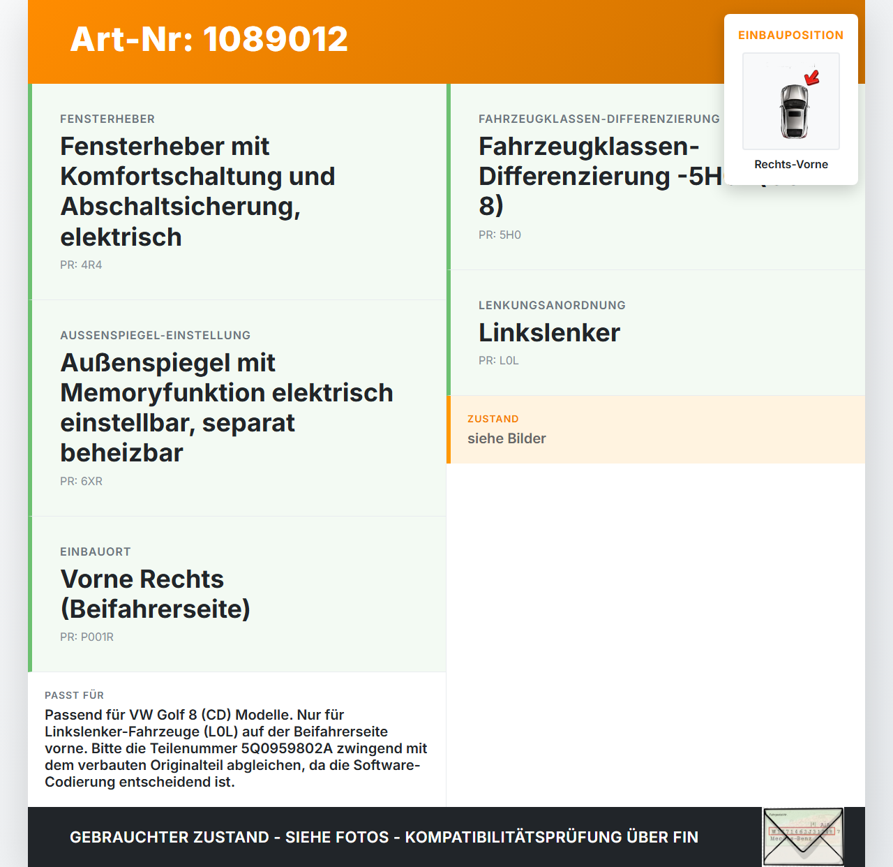 VW Golf 8 VIII 19-24 5T Fensterhebermotor Rechts Vorne VW Golf 8 VIII 19-24 14.08.2023 5Q0959802A 0130822714 gebraucht Vorschau 3