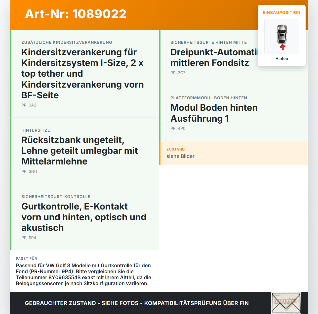 VW Golf 8 VIII 19-24 TSI 1,5 96KW Sensor Sitzbelegung Sitzbelegungserkennung Mitte Hinten VW Golf 8 VIII 19-24... Vorschau 3