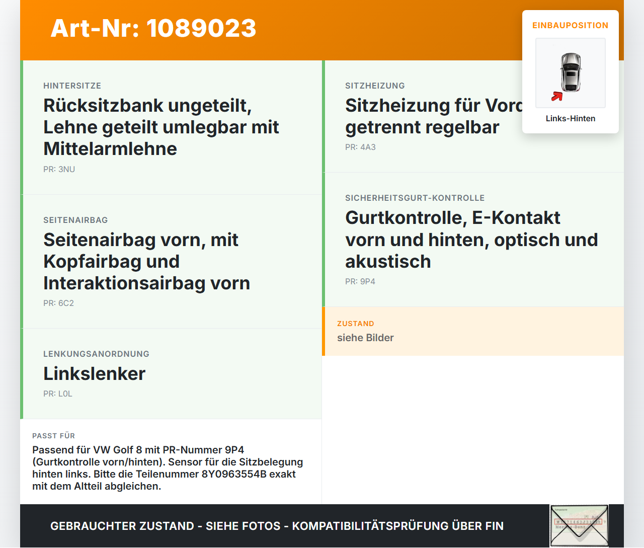 VW Golf 8 VIII 19-24 TSI 1,5 96KW Sensor Sitzbelegung Sitzbelegungserkennung Links Hinten VW Golf 8 VIII 19-24... Vorschau 3