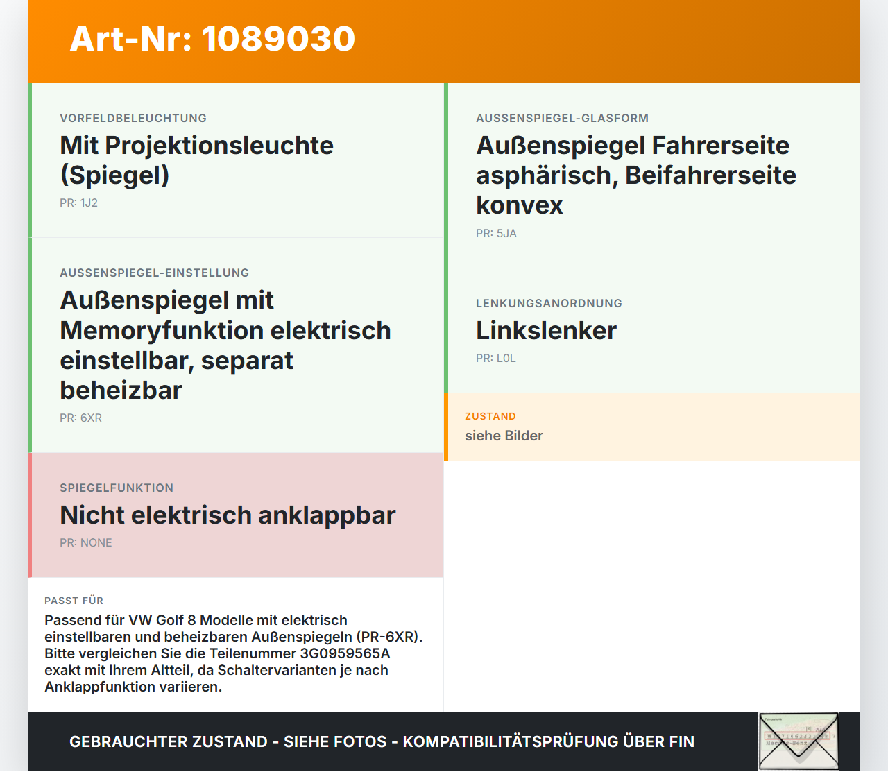 VW Golf 8 VIII 19-24 Spiegelverstellung Aussenspiegel Schalter VW Golf 8 VIII 19-24 14.08.2023 3G0959565A gebraucht Vorschau 3