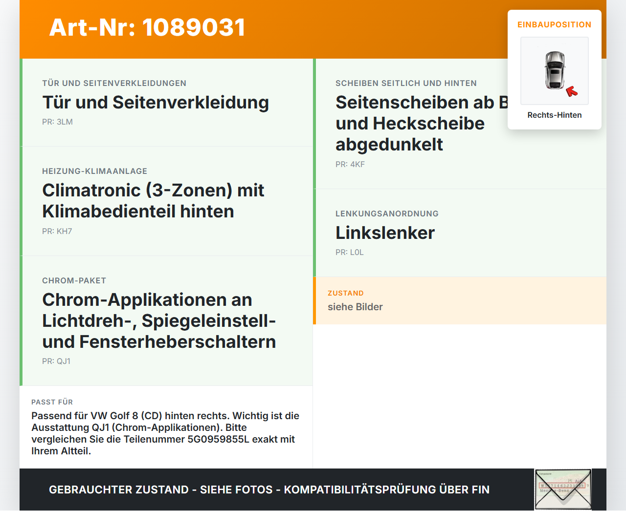 VW Golf 8 VIII 19-24 5T Fensterheberschalter Schalter Rechts Hinten VW Golf 8 VIII 19-24 14.08.2023 5G0959855L... Vorschau 3