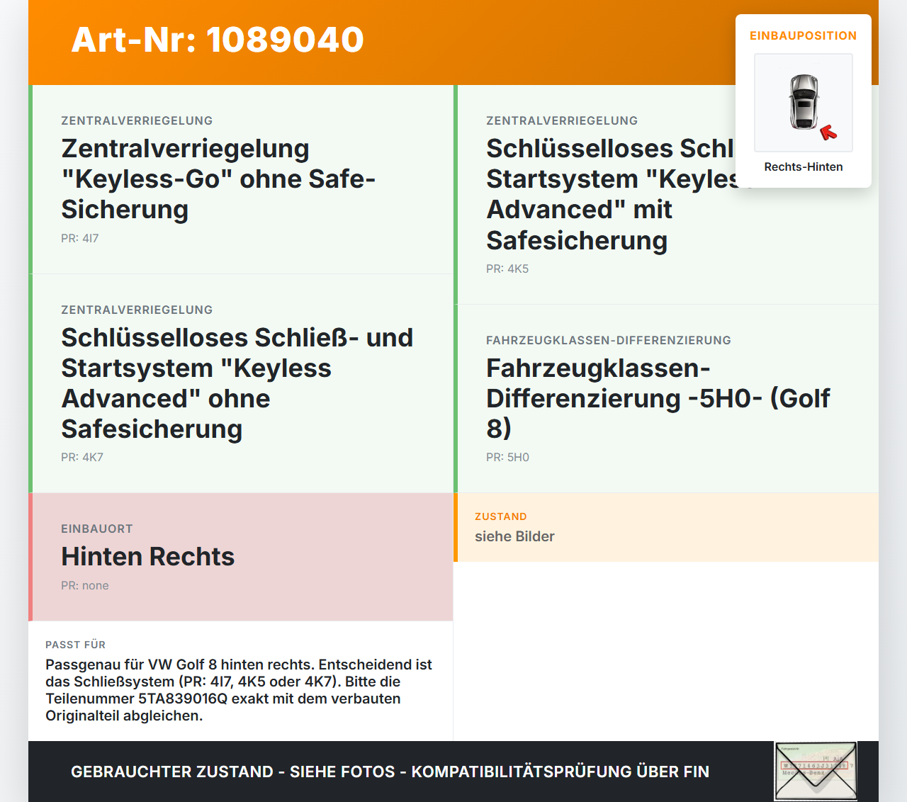 VW Golf 8 VIII 19-24 5T Türschloss m. ZV Stellmotor Rechts Hinten VW Golf 8 VIII 19-24 14.08.2023 5TA839016Q gebraucht Vorschau 3