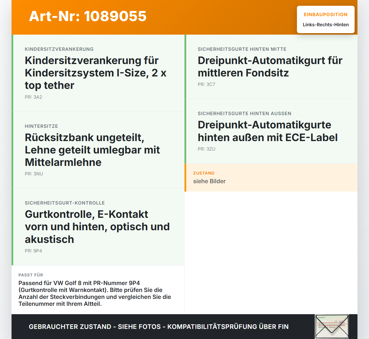 VW Golf 8 VIII 19-24 5T Gurtschloss Links und Rechts Hinten VW Golf 8 VIII 19-24 14.08.2023 8Y0857739M gebraucht Vorschau 3