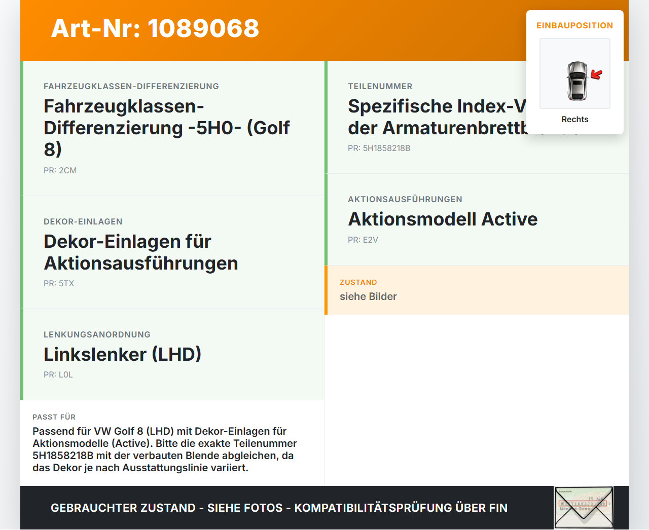 VW Golf 8 VIII 19-24 Blende für Armaturenbrett Abdeckung Rechts VW Golf 8 VIII 19-24 14.08.2023 5H1858218B gebraucht Vorschau 3