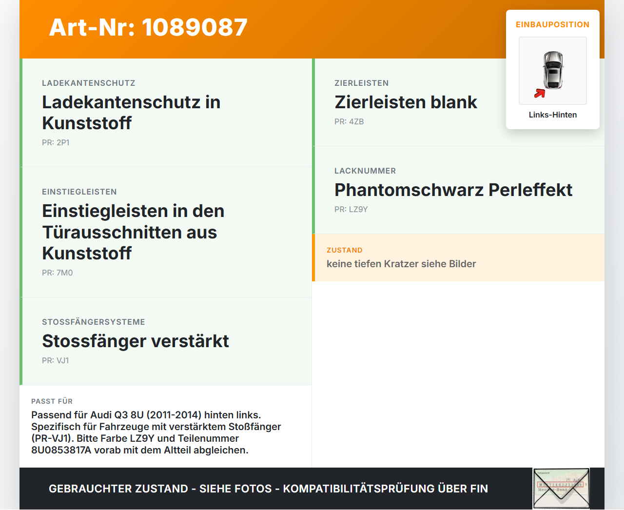 Audi Q3 8U 11-14 Leiste für Kotflügel Links Hinten LZ9Y Audi Q3 8U 11-14 25.04.2013 8U0853817A gebraucht Vorschau 3